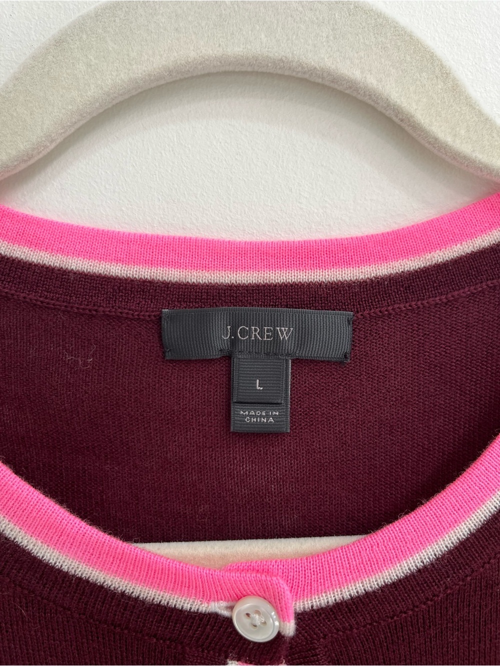 J. Crew Tipped Jackie Wool Cardigan Sweater Burgundy/Pink Large E8551 - Picture 5 of 7